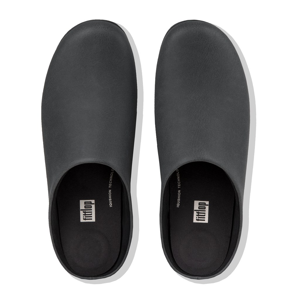 Fitflop Mens Slippers Black - Shove Leather Mule - 46HDLTASG